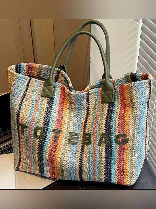 Handbags - Tote Bag - Multicolor Striped Woven Tote with Olive Handles